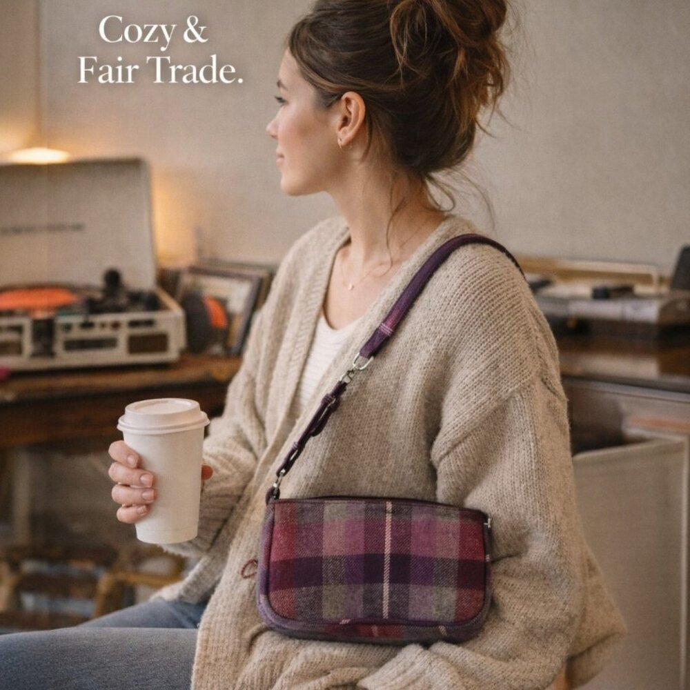 Earth Squared Wool Plaid Crossbody Bag | Fair Trade | Purple Burgundy Mini Purse